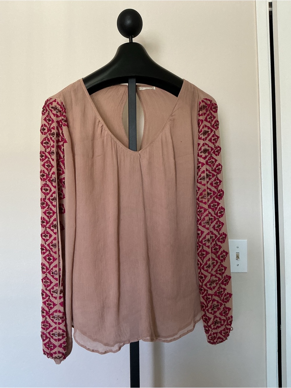 Embroidered Long-Sleeve V-Neck Women's Top in Dusty Rose and Fuchsia